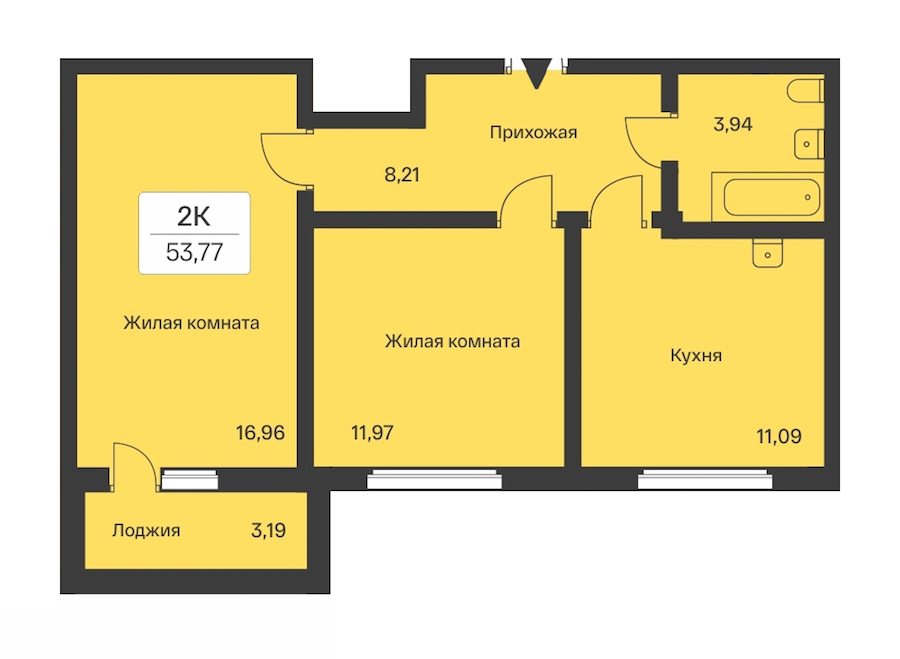 2-комнатная квартира 53.77 м², 9/9 эт., ЖК «Расцветай в Янино»